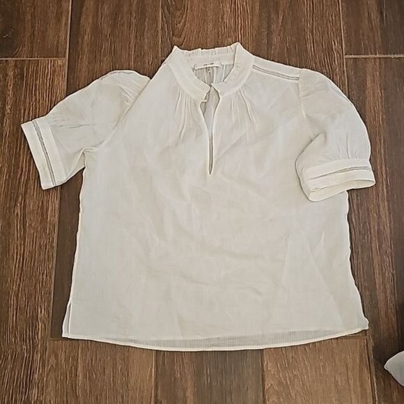 Frame White Linen Blend Short Sleeve Inset Lace Ruffle Collar Top  NWOT Sz Large - Picture 3 of 8